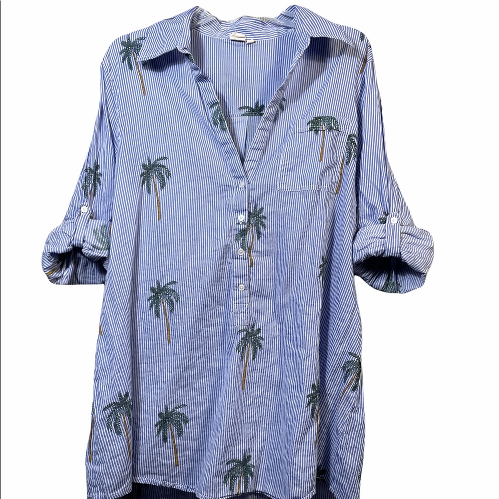 Violet Sky Size L Blue White Striped Tropical Tunic Button Down Blouse